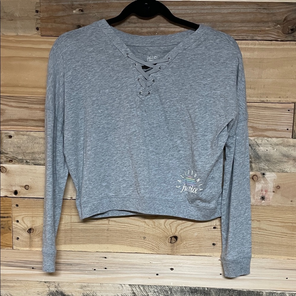 Justice Active size 10 Gray Long Sleeve Soft Lace-up Stretchy T-Shirt with Logo